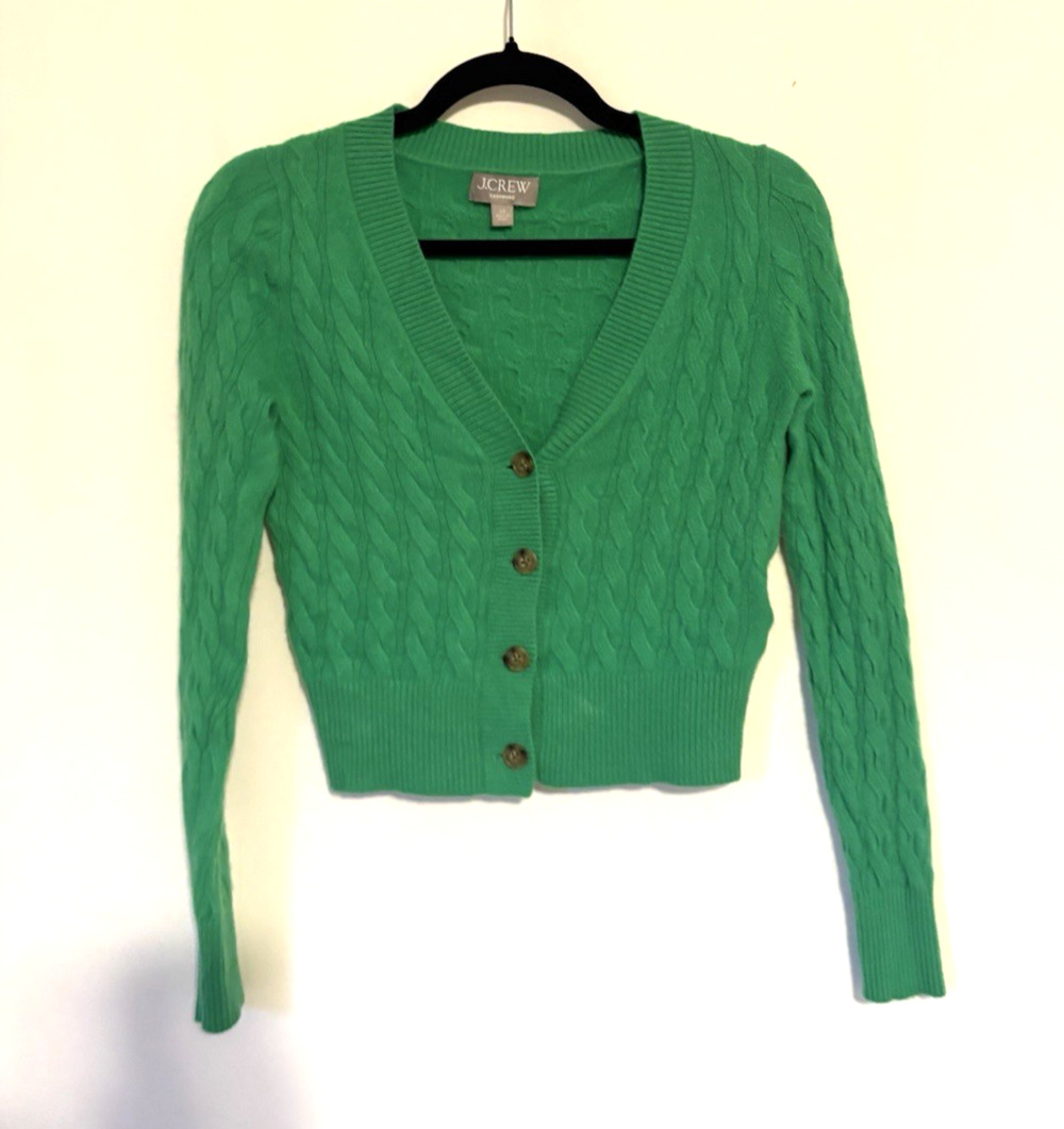 J. Crew Cashmere Cardigan Sweater XS Womens Crop Vneck Cableknit